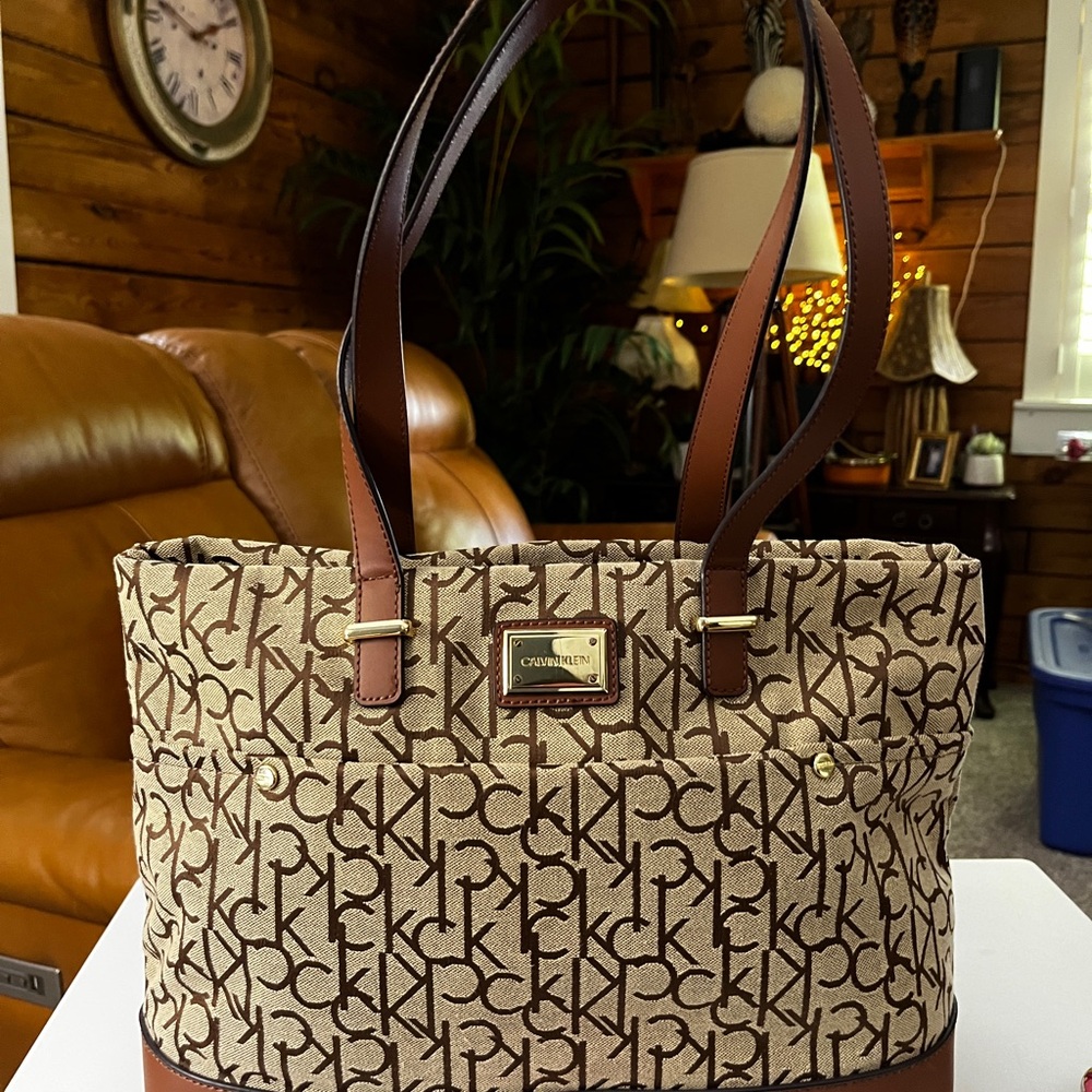 SALE! Calvin Klein Beige and Brown Signature Jacquard Tote 13” x 10” x 5”.